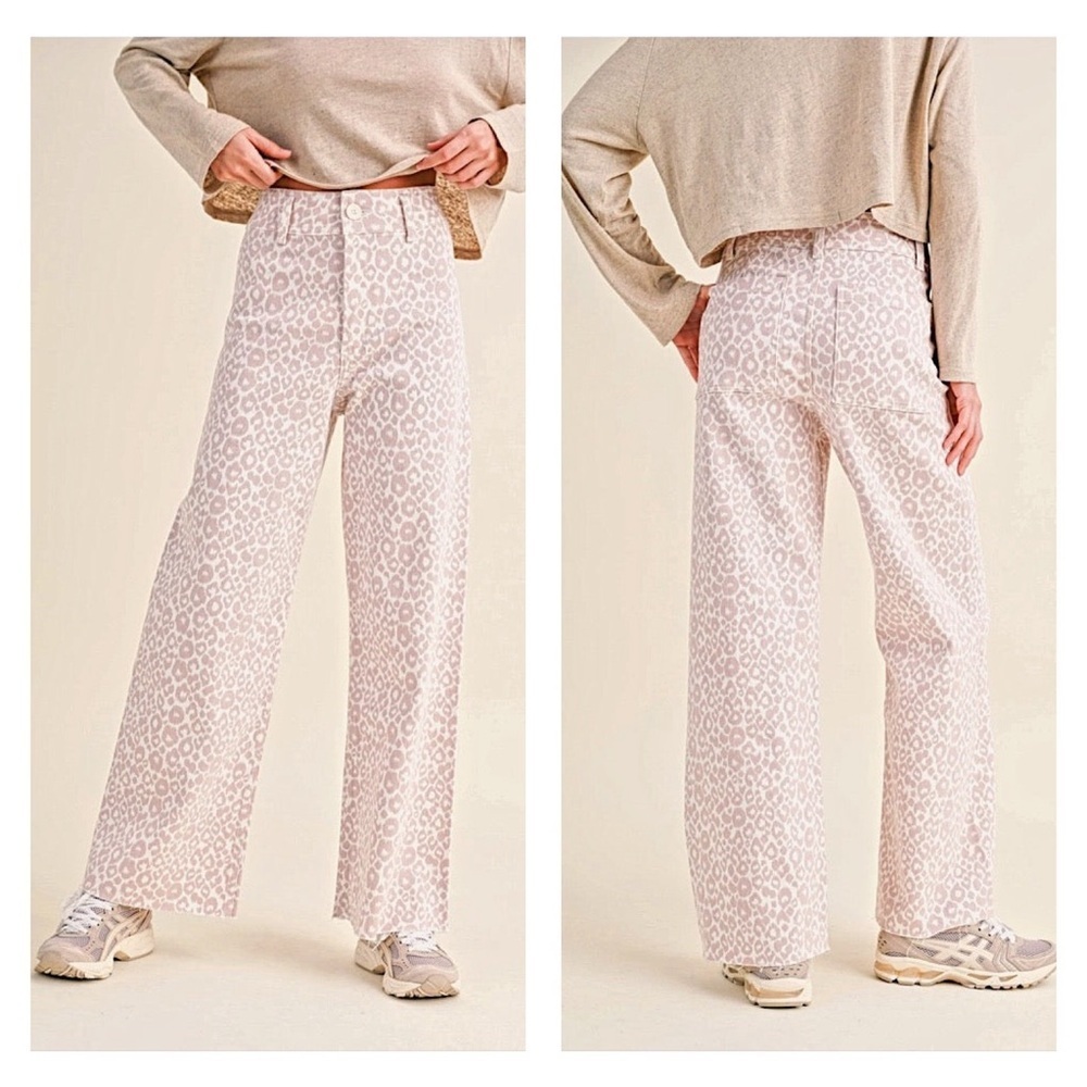 Miou Muse Leopard Print Wide Leg High Rise Denim Pants - Blush & White